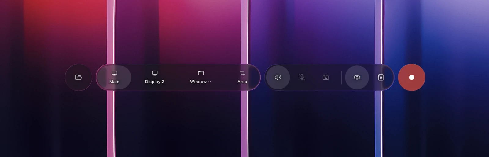 The floating bokeh record dock with capture mode and audio controls